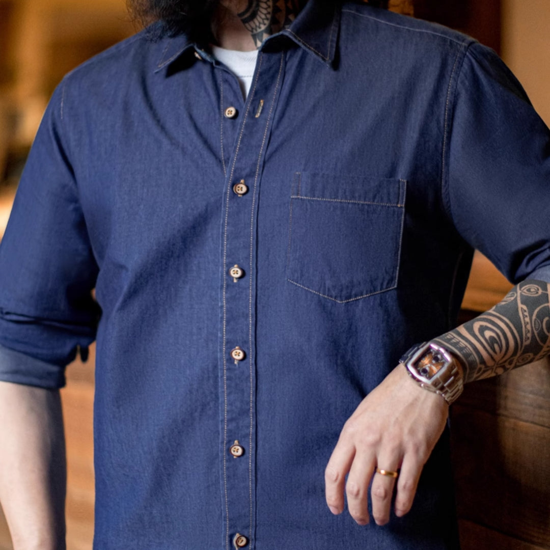 Men's American Retro Single Pocket Workwear Denim Shirt