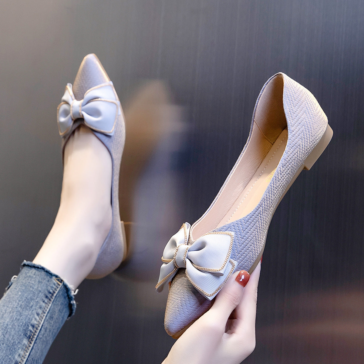 Bowknot Pointed Toe Low Heel Women's One-step Shoes