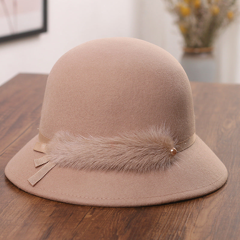 Hat Female Mink Fur Decoration Woolen Bowler Hat Korean All-match Warm Bucket Hat