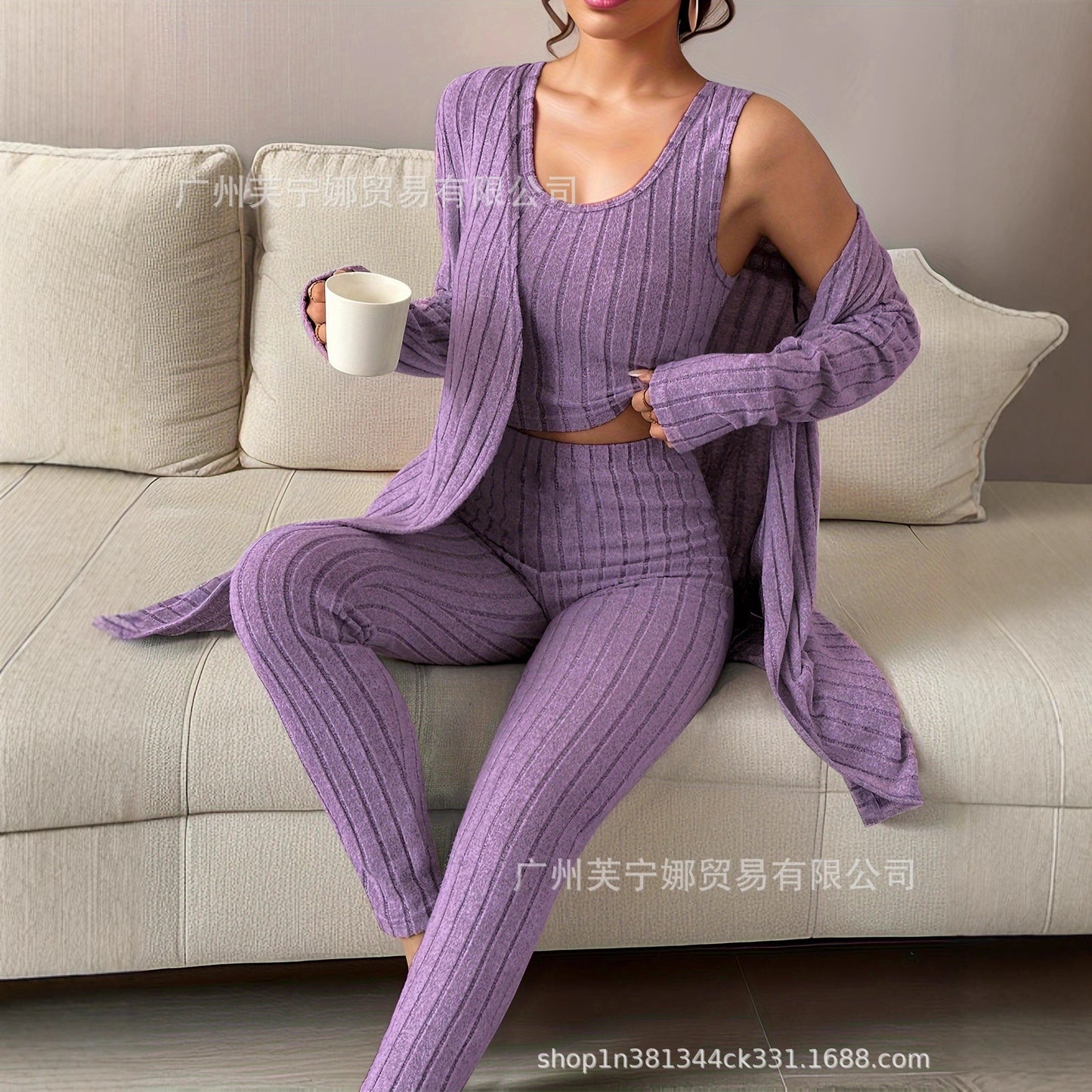Stylish Solid-Color Three-Piece Homewear Set