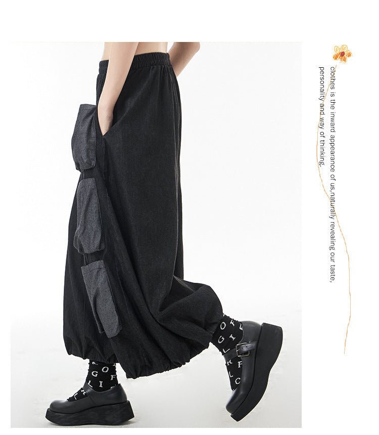 Retro Hong Kong Style Color Contrast Patchwork Wide-leg Jeans High Waist Slimming Casual Straight-leg Cropped Pants