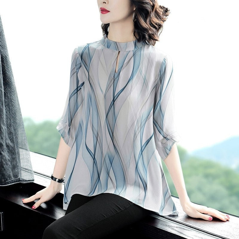 Women's Wave Print Long Hem Shirt Top