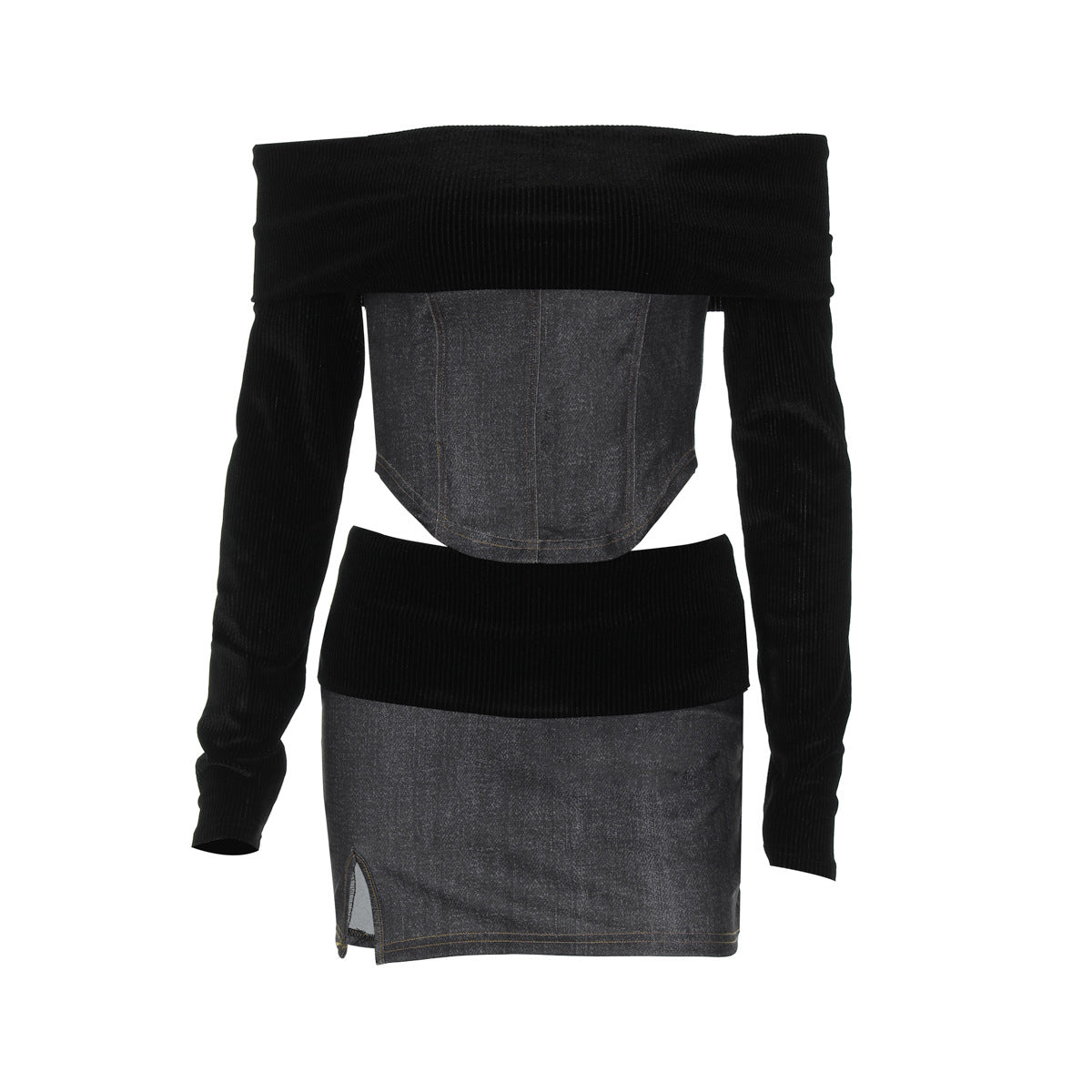 One-piece Top And Figure-hugging, Slit Mini Skirt Set