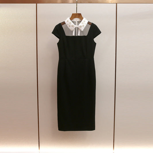 Elegant Contrasting-Color Bow-Tie Collar Beaded Backless Maxi Dress With Side Slit