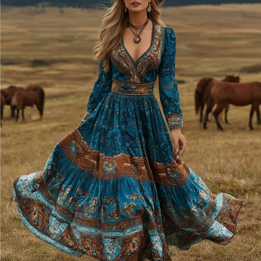 Bohemian-style Long-sleeve Maxi Dress With A Flowy Silhouette And A Vibrant Print
