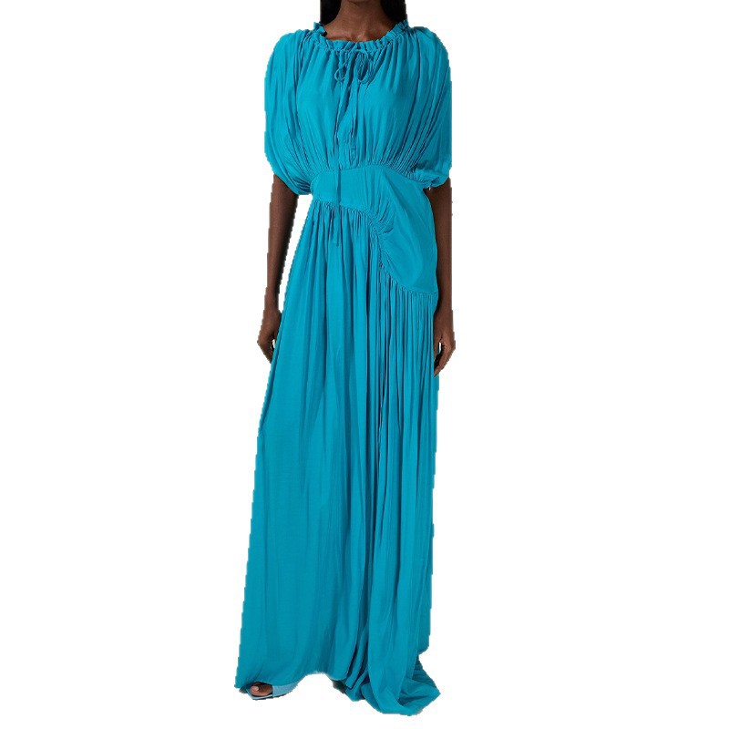 Round-neck Fitted-waist Pleated Patchwork Maxi Dress