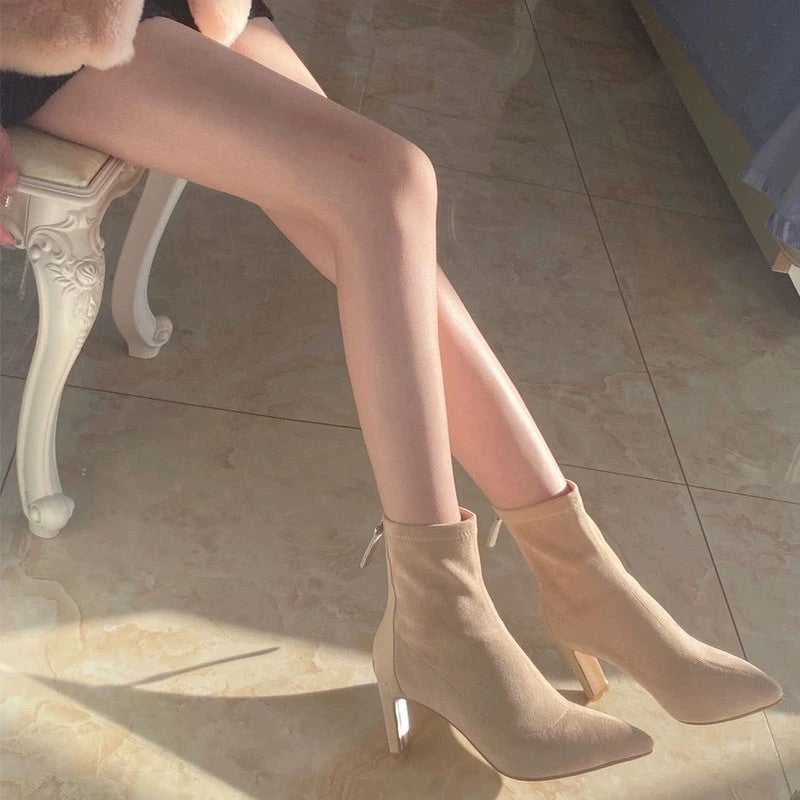 Suede Pointed Ankle Boots Chunky Heel