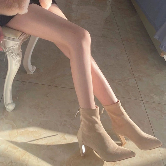 Suede Pointed Ankle Boots Chunky Heel