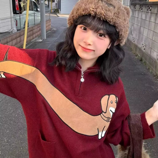 Vintage Sweater Women's Sausage Dog Loose Lapel Knitted Top