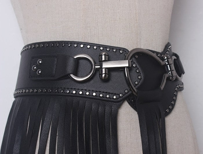 Punk Style Long Fringed Skirt Women's Studded Elastic Black Belt