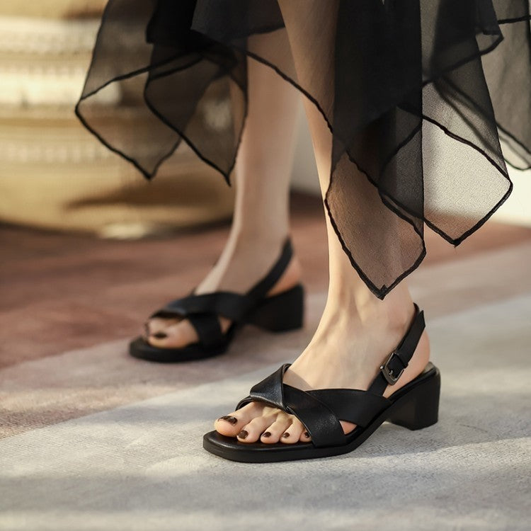 High-heeled Sandals With Back Buckle Wide Strap Leather Women's Shoes