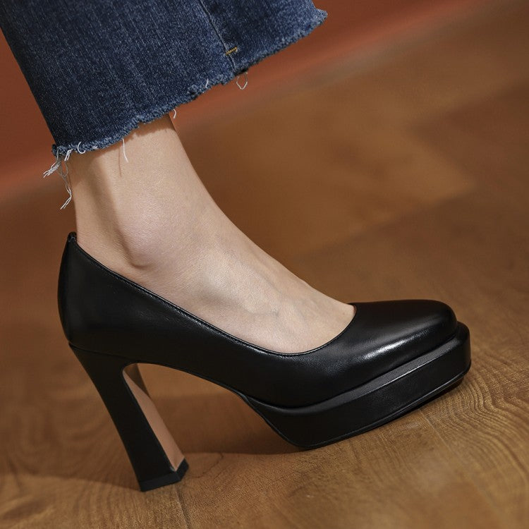 Horse Oil Leather Thick Heel Shoes