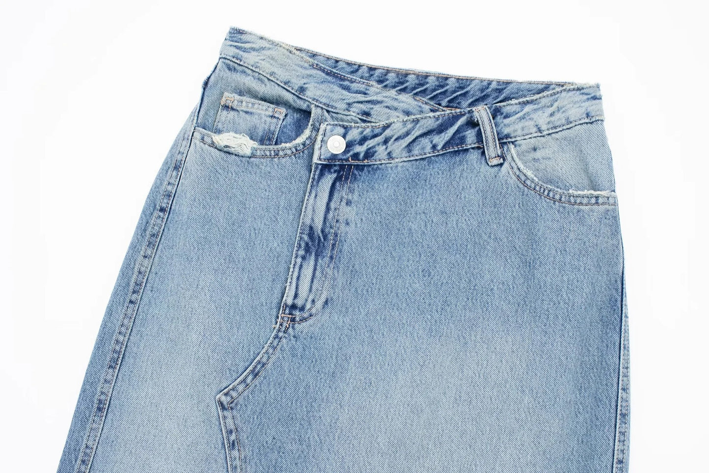 Women's Diagonal Patchwork Mid Rise Denim Skirt