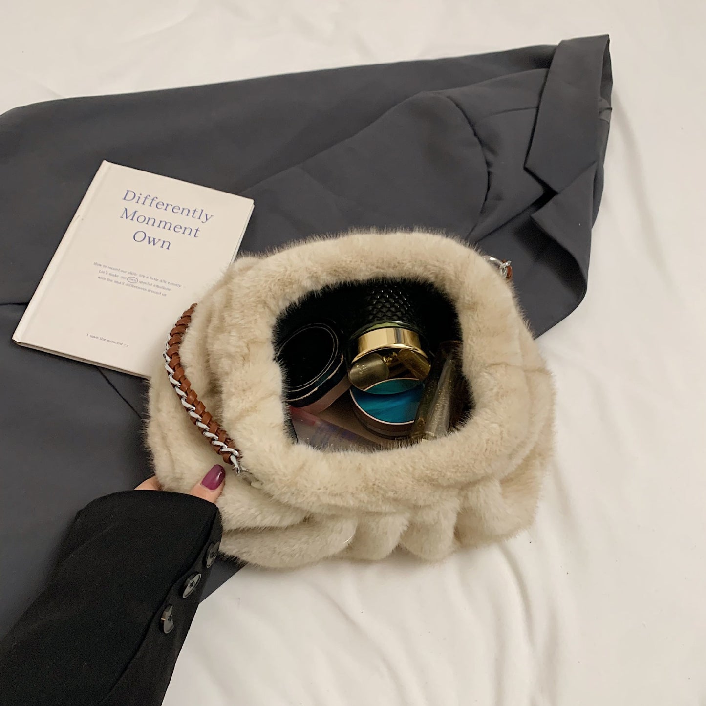 Faux Mink Fur Pleated Cloud Plush Shoulder Bag