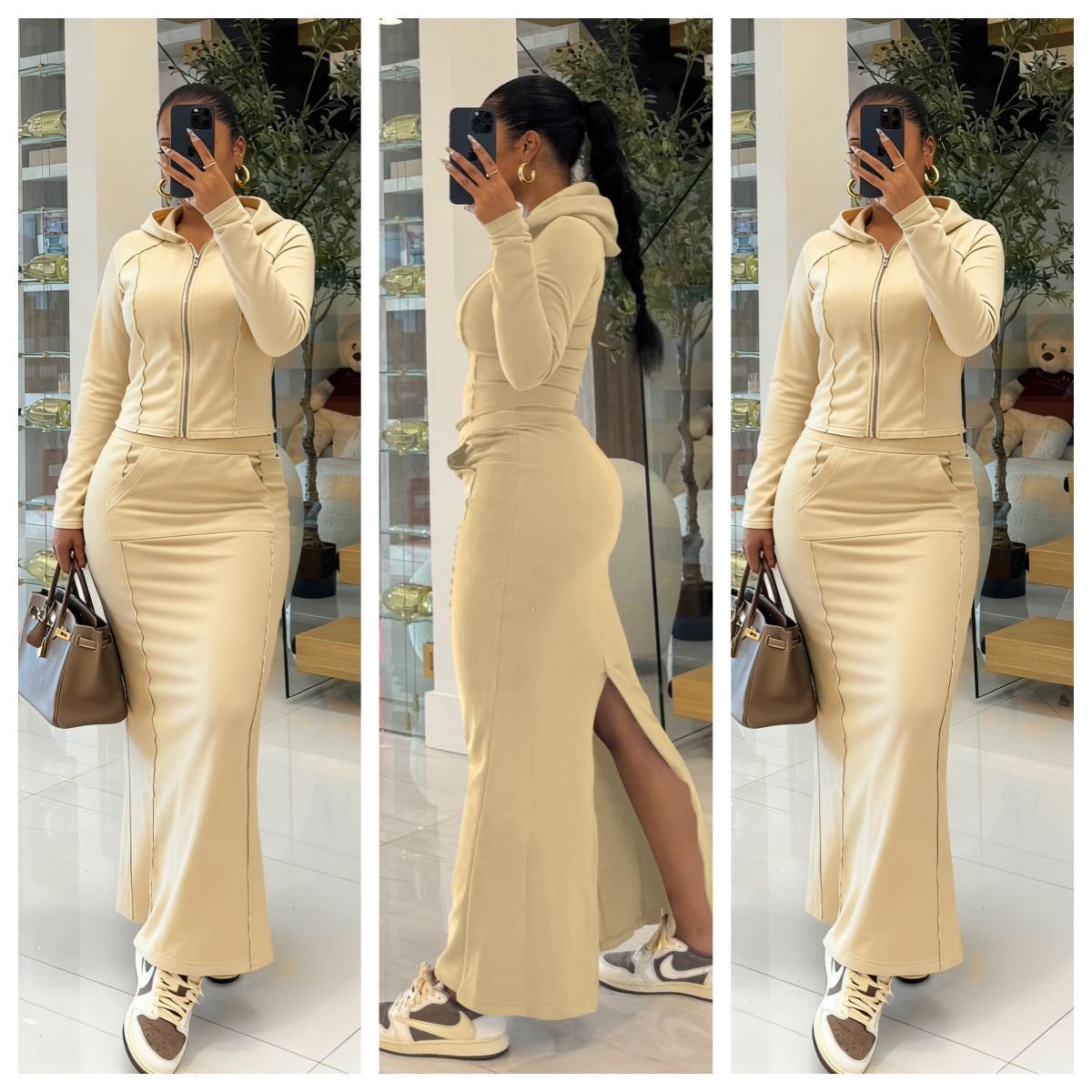 Stylish Solid-Color Hooded Slit Skirt Two-Piece Set