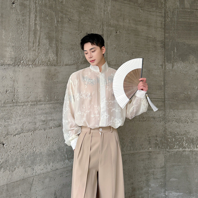 Arrival Slightly Sheer Three-Dimensional Floral Design Mandarin-Collar Long-Sleeve Shirt