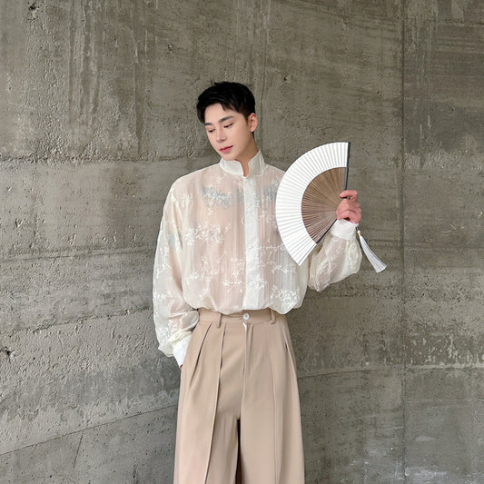 Arrival Slightly Sheer Three-Dimensional Floral Design Mandarin-Collar Long-Sleeve Shirt