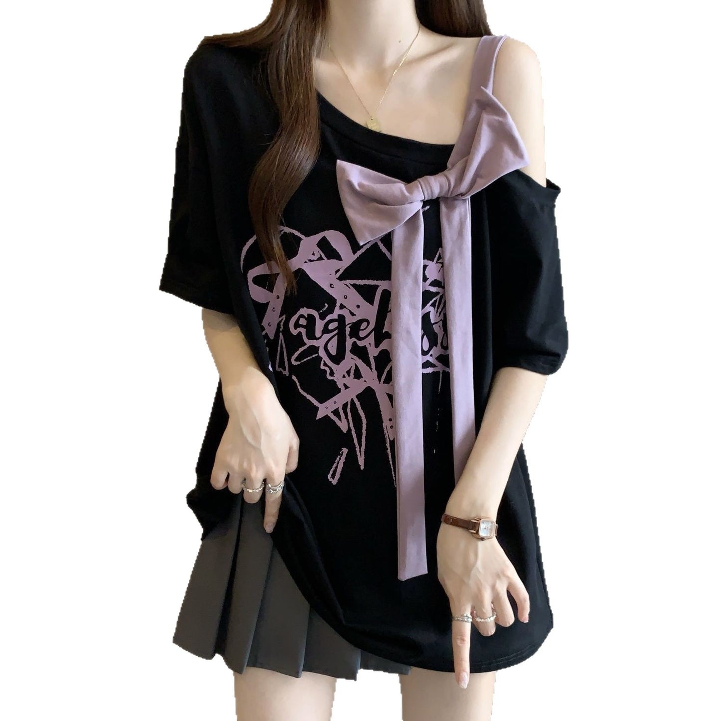 Large Size Three-dimensional Bow Off-the-shoulder Short Sleeve Summer New Loose
