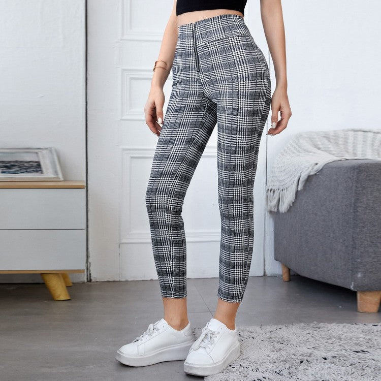 New European And American Plaid Leggings Casual Pants