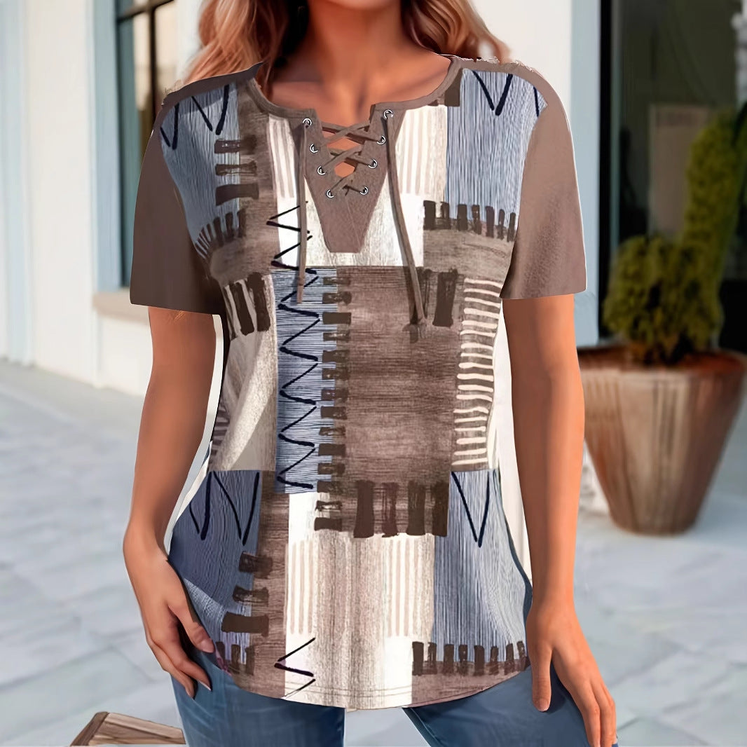 Women's Perforated Lace-up Short Sleeve Light Brown Split T-shirt