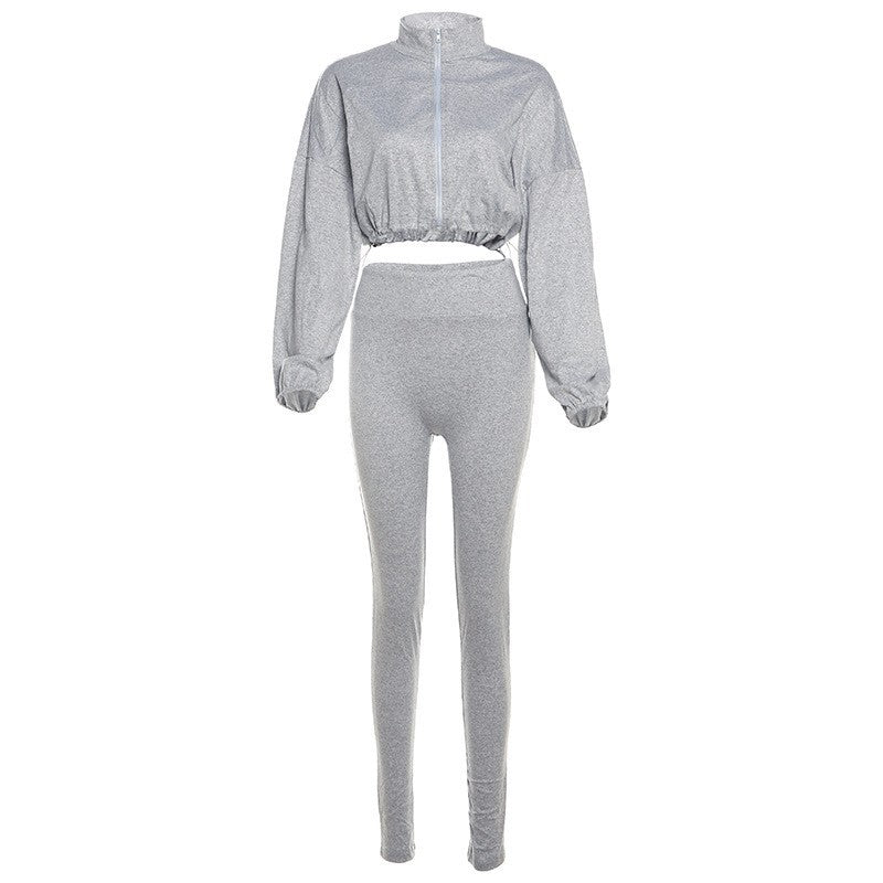 Drawstring Waist Zippered Midriff Baring Top Paired With High Waisted Solid Color Slim Fit Pants