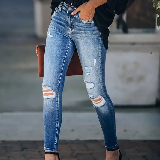 Kvinders strækbare højtaljede retro vaskede ripped skinny jeans