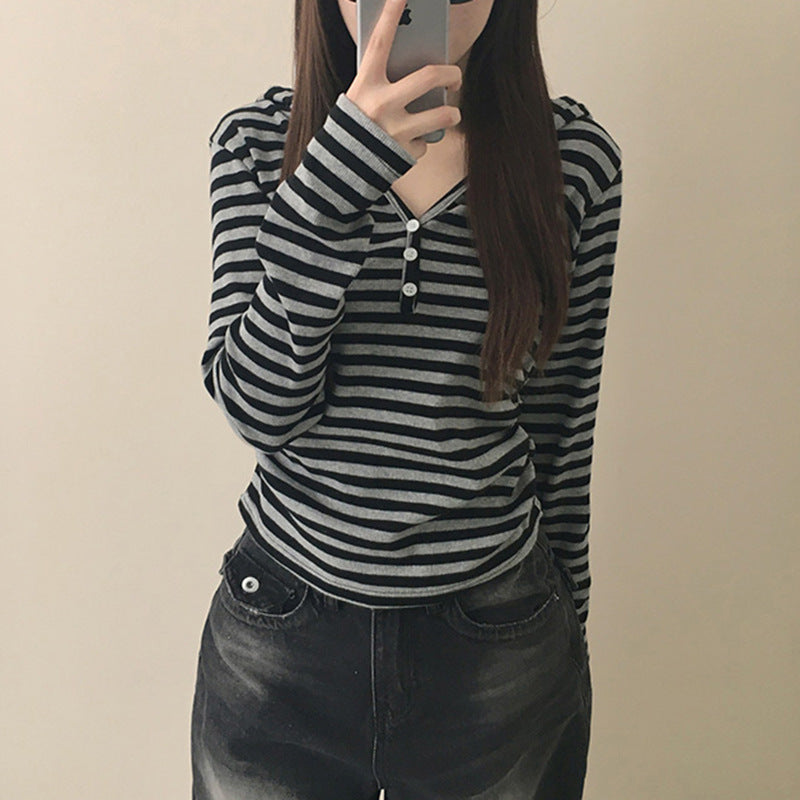 Retro Contrast Color Stripe Knitted T-shirt Women's New Top