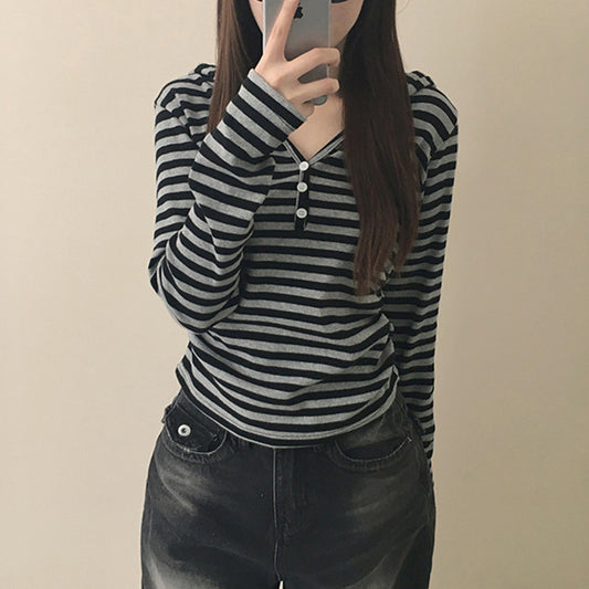Retro Contrast Color Stripe Knitted T-shirt Women's New Top