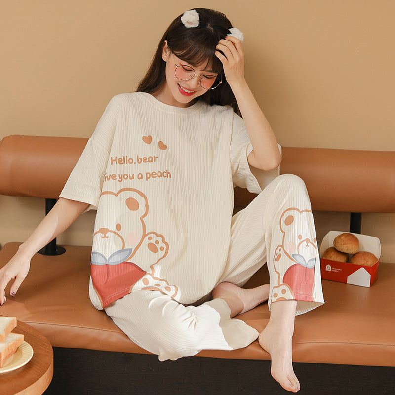 Summer Pajamas Women's Short-sleeved Trousers Cotton Two-piece Set