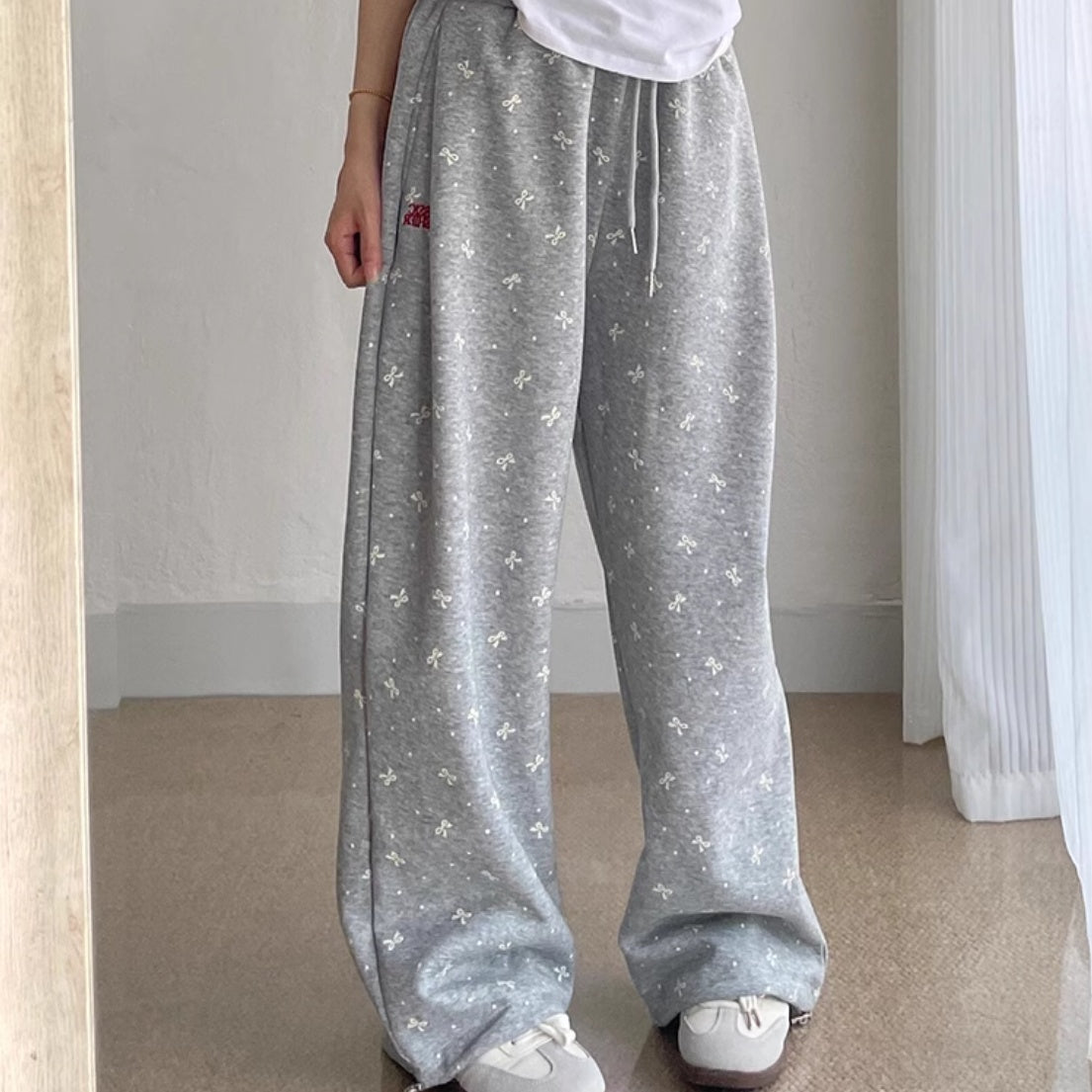 Vintage Bow Polka Dot Track Sweatpants Women's Straight Wide Leg Casual Pants