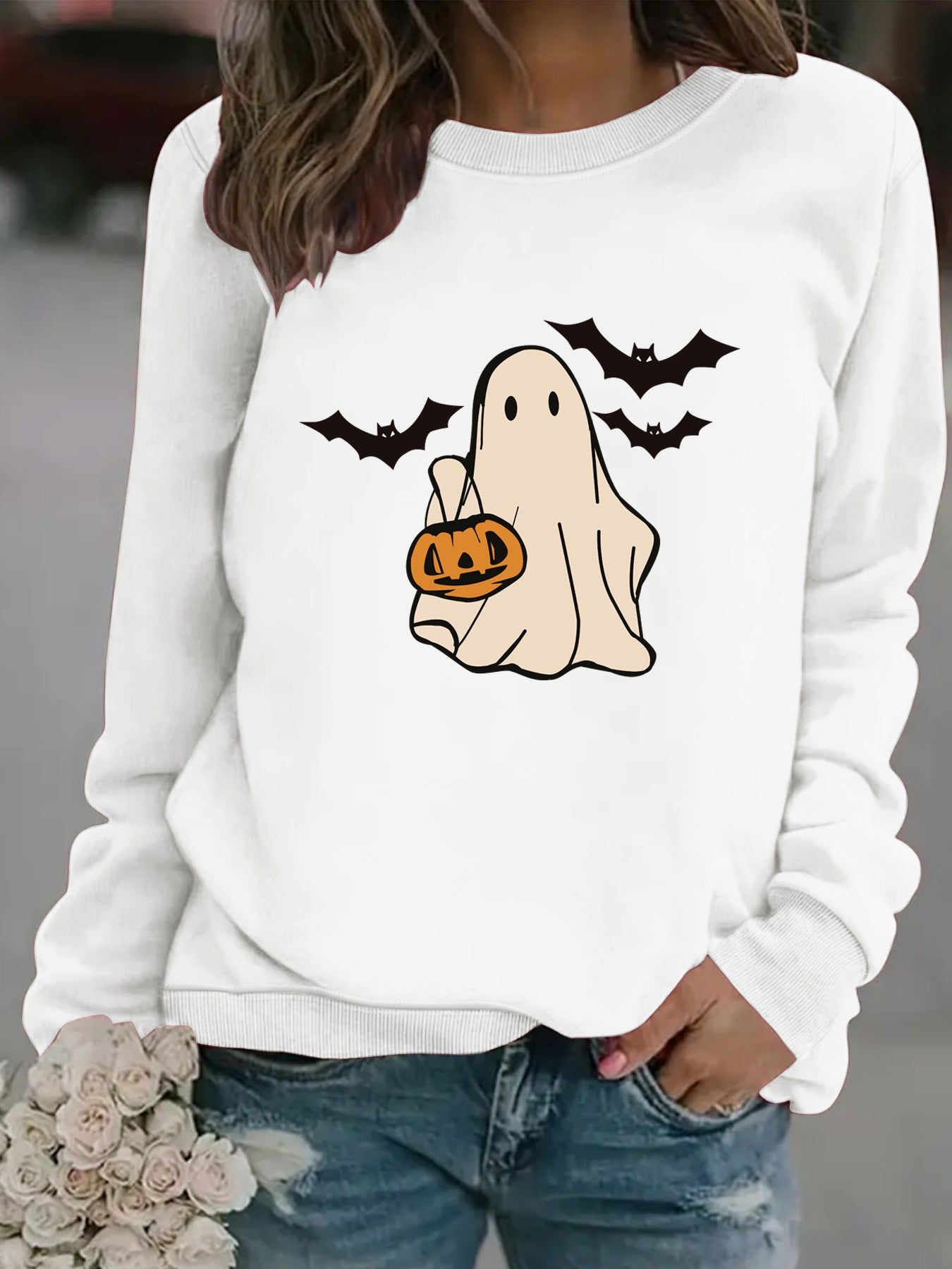 Halloween Casual Long Sleeve Round Neck Cartoon Ghost Print Pullover Sweater Sweatshirt