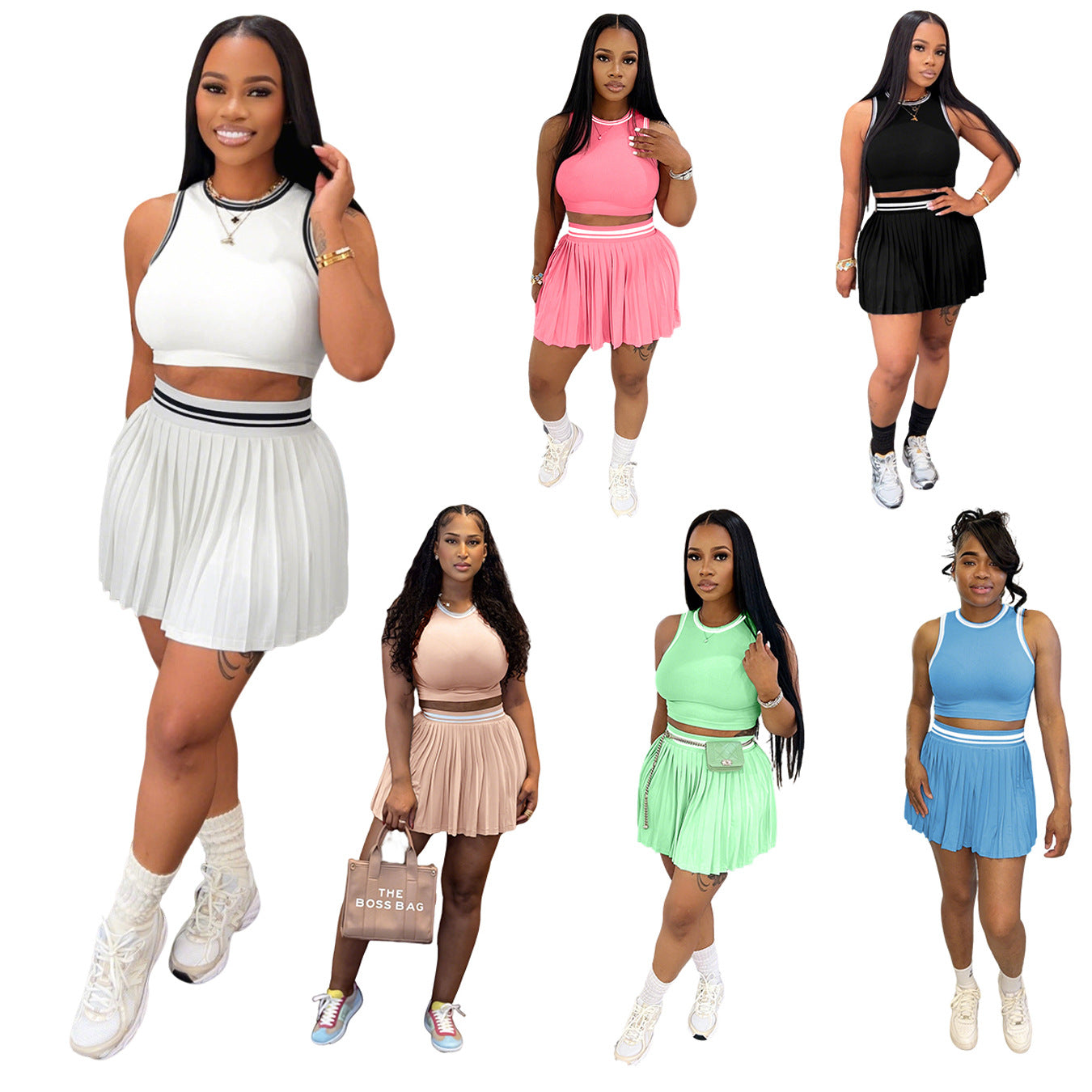 Sleeveless Cropped Tank Top And Casual Pleated Skirt Set