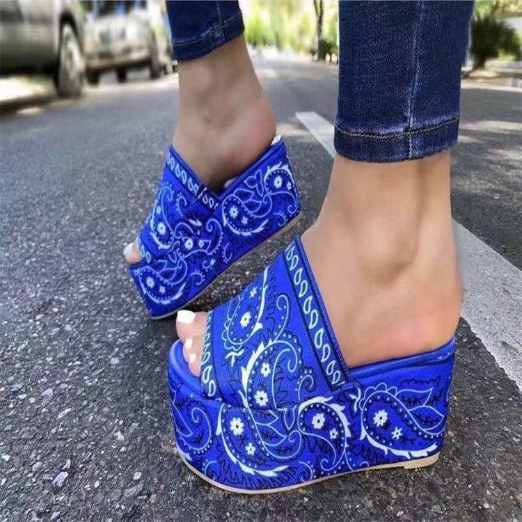 Printed Cashew Thick-soled Open-toe Outer Wear Ladies Sandals And Slippers