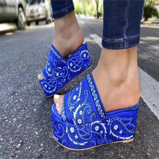 Printed Cashew Thick-soled Open-toe Outer Wear Ladies Sandals And Slippers