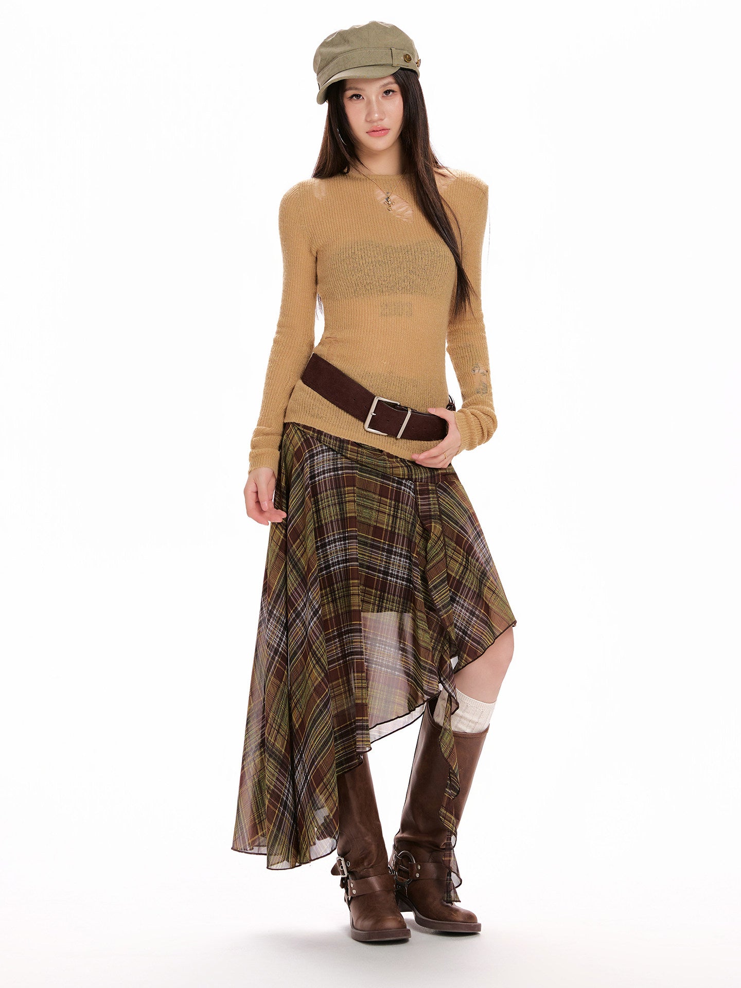 Green Chiffon Plaid Asymmetrical Skirt