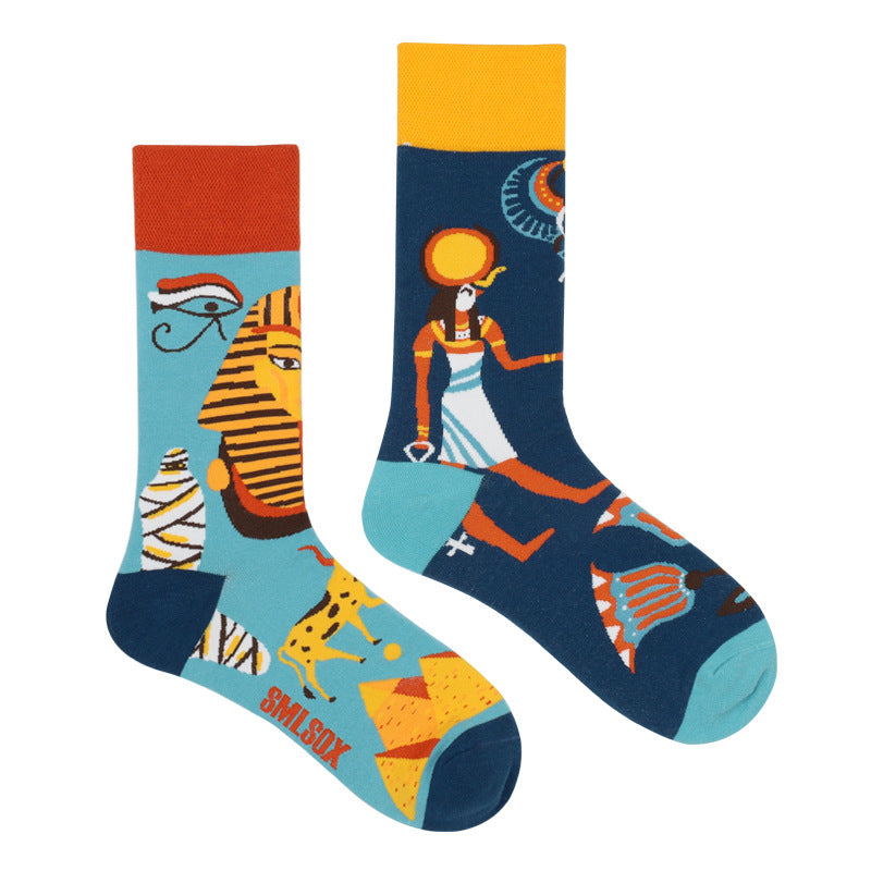 Asymmetrical Color Retro Personality Male And Female Couple Mid-length Cotton Socks