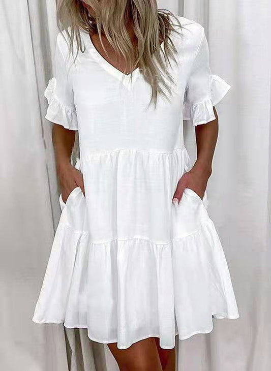 Fashion Printed Ruffle Pocket Short Dress