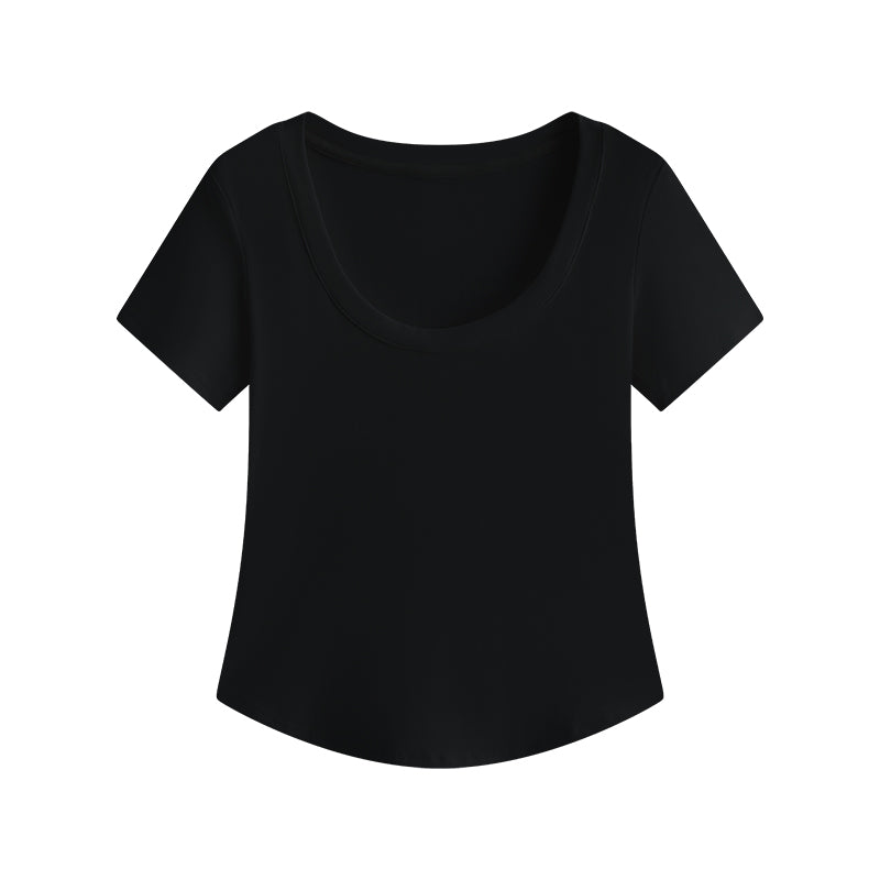 Slightly Chubby Mm Front Shoulder Slim Fit And Slimming Large U-neck Short Sleeved Shirt