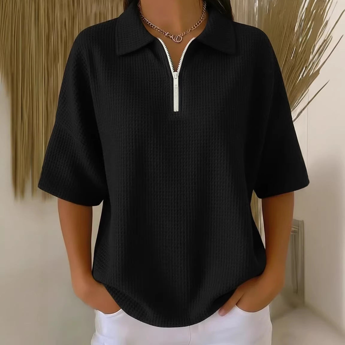 Pullover Drop-shoulder Half-zip Waffle-knit Short Sleeve