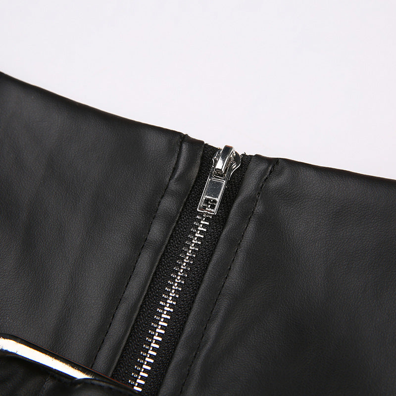 Punk Hot Girl Rivet Belt Split Leather Skirt Low Waist A- Line Style Pleated Skirt