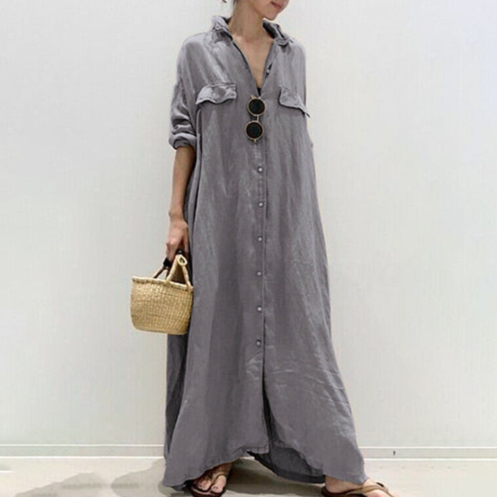 Women's New Solid Color Cardigan Long Shirt Dress