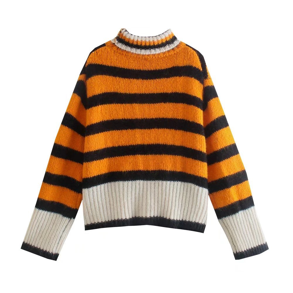 Half Turtleneck Contrast Color Striped Sweater