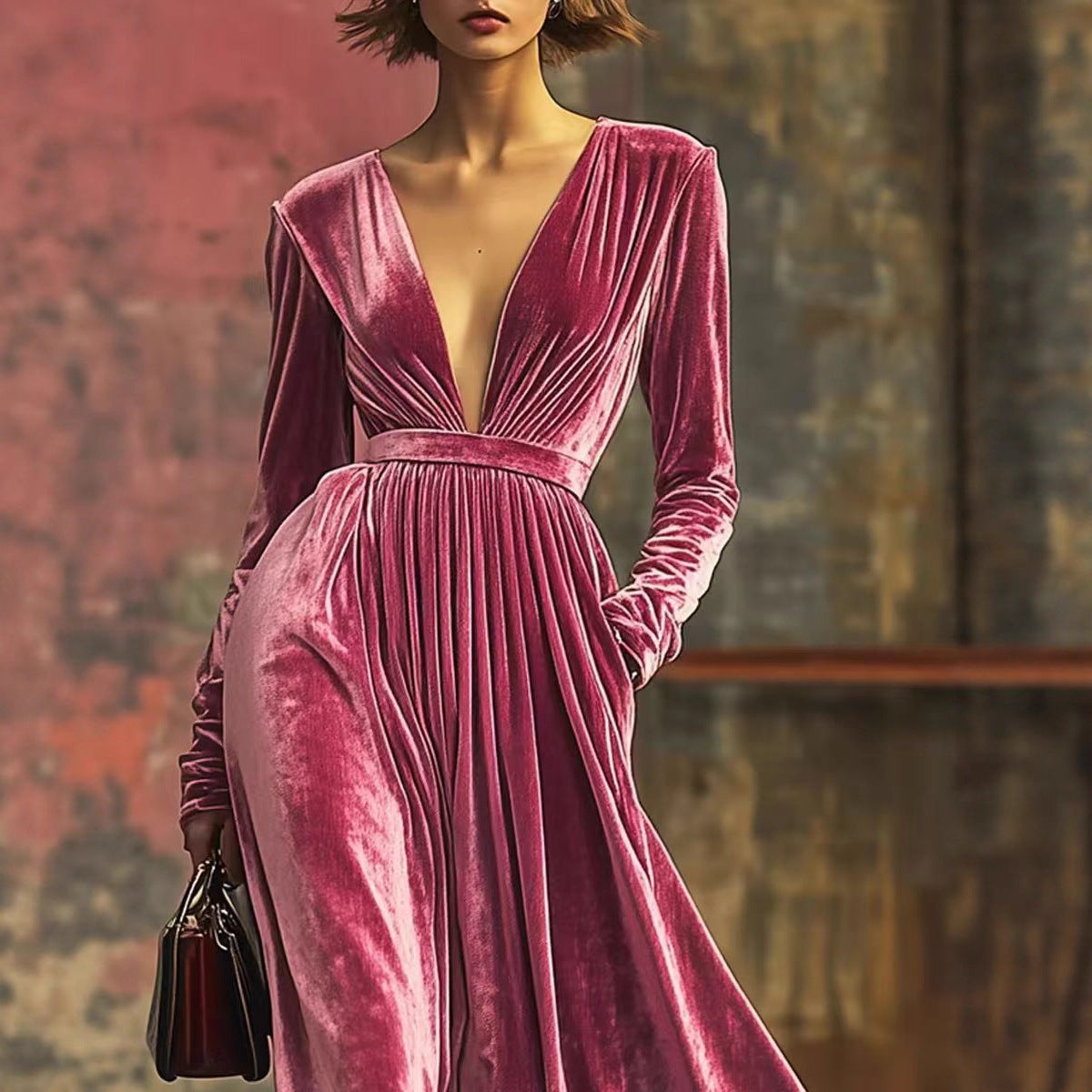 Cropped-waist Deep-V-neck Long Dress With Ruched Detailing