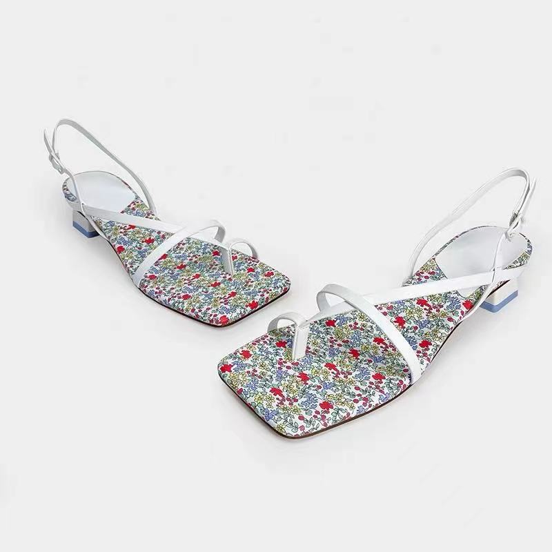 Printed Color-blocking Square Toe Flip-flop Mid-heel Fairy Style Back Strap High Heels