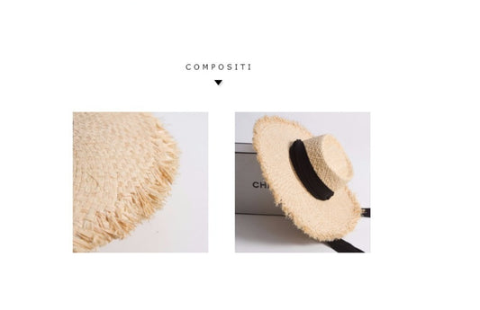 Raffia Grass Flat Top Raw Edge Binding Neck Sun Visor Hat Hand Braided Grass Hat