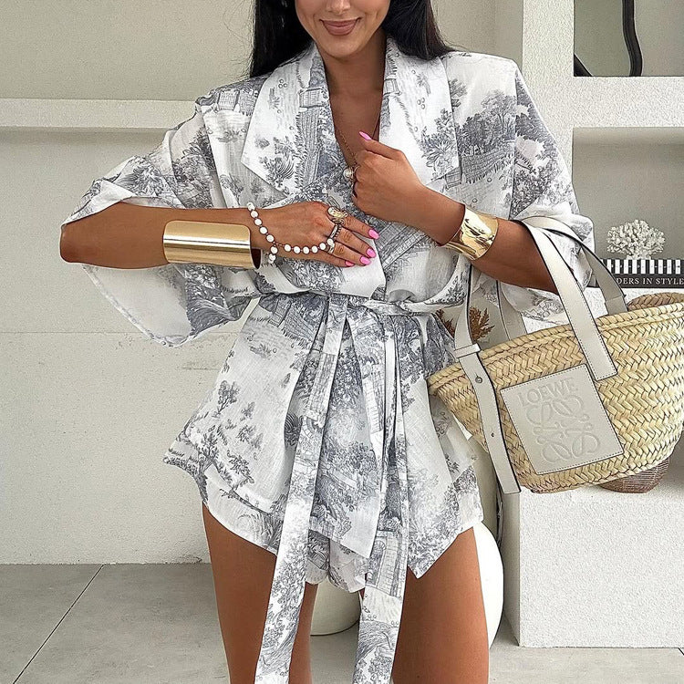 Womens Chinese-style Floral-print Top And Shorts Two-piece Set
