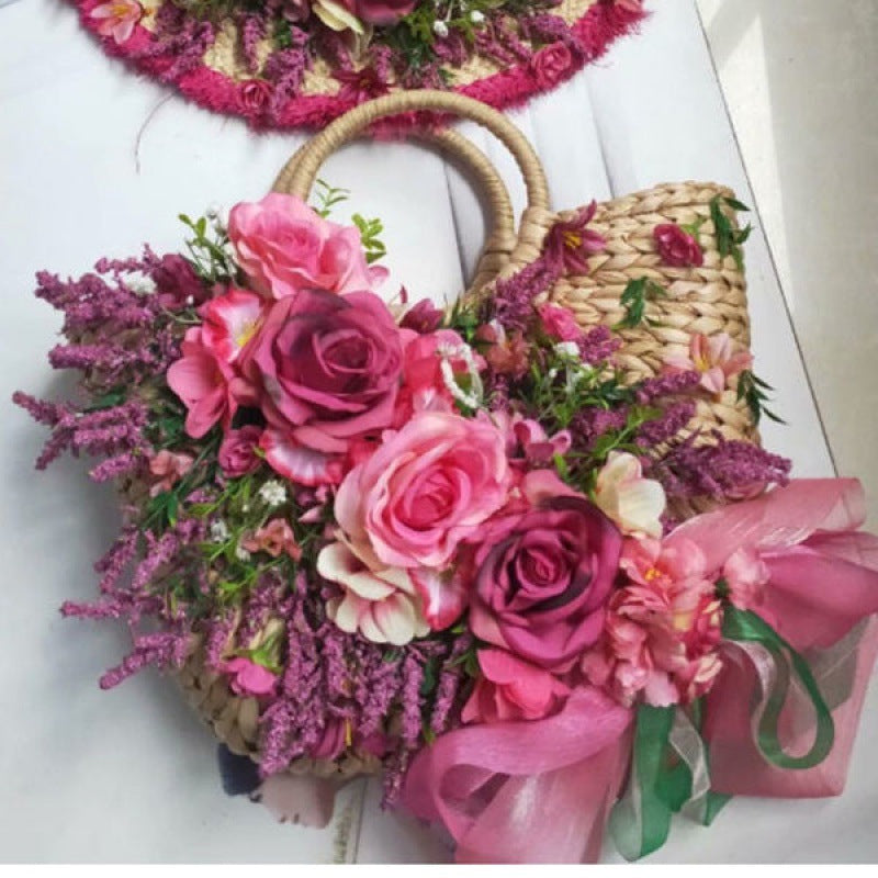 Ladies Fashion Raffia Purple Flower Straw Hat