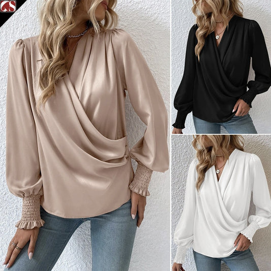 Womens V Neck Ruched Lantern Sleeve Elegant Solid Color Shirt