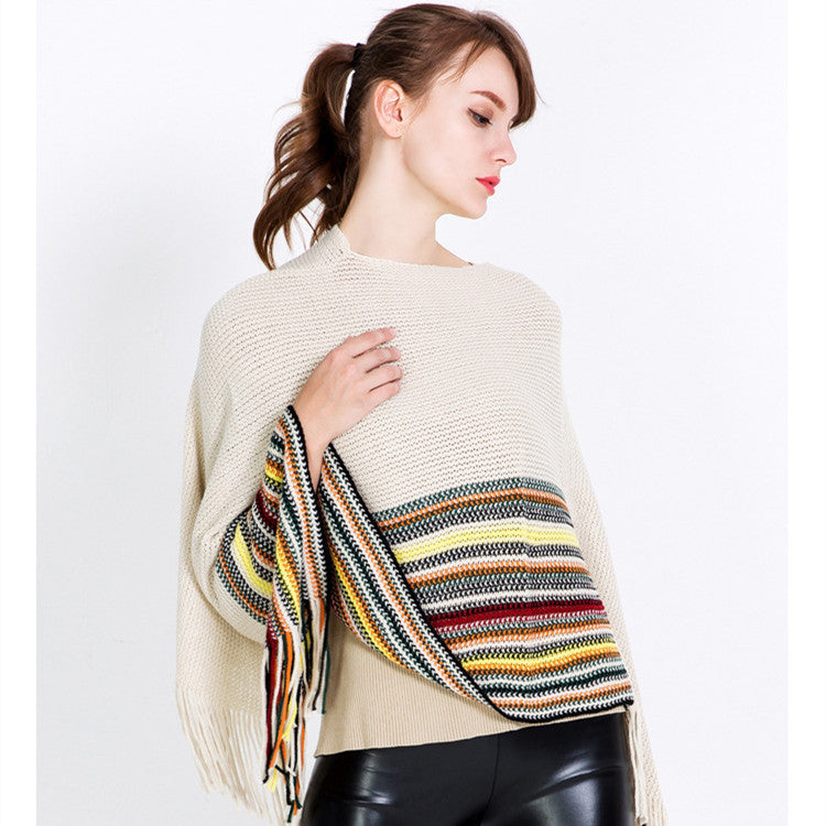 Warp-knitted Color Block Jacquard Striped Pullover Shawl