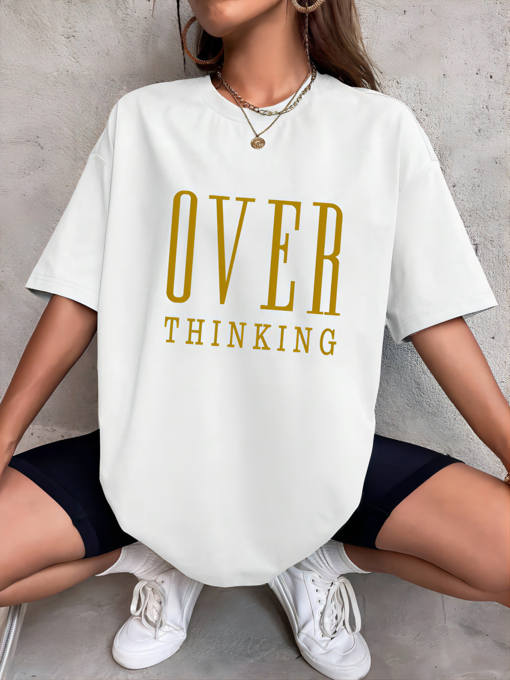 Over Thinking Letter Print Women Cotton Short Sleeve Breatha